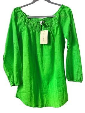 Cotton Daisy Vibrant LimeSmocked Peasant Blouse